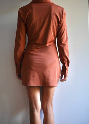 Uzun Kollu Taba rengi Büzgülü Kadın Mini Elbise - Görsel 6