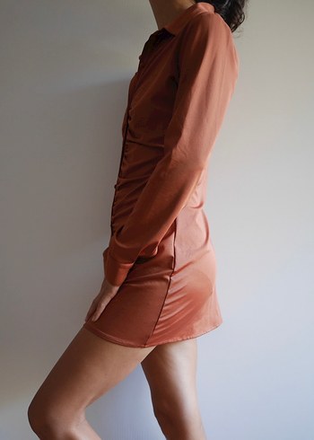 Uzun Kollu Taba rengi Büzgülü Kadın Mini Elbise - Görsel 4