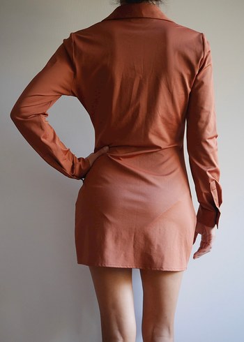 Uzun Kollu Taba rengi Büzgülü Kadın Mini Elbise - Görsel 3