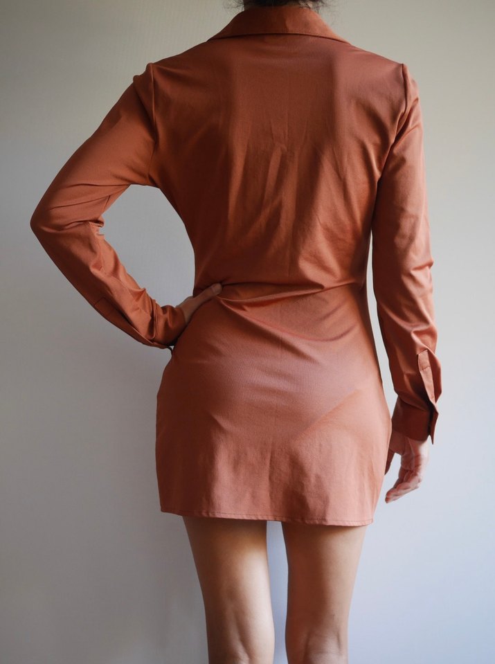 Uzun Kollu Taba rengi Büzgülü Kadın Mini Elbise - Görsel 3