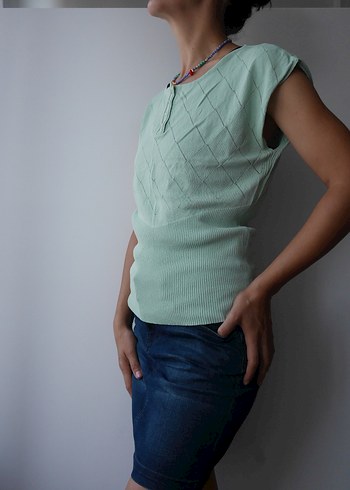 Sabri Özel, Vintage Turkuaz Kadın  Kısa Kollu Bluz - Görsel 3