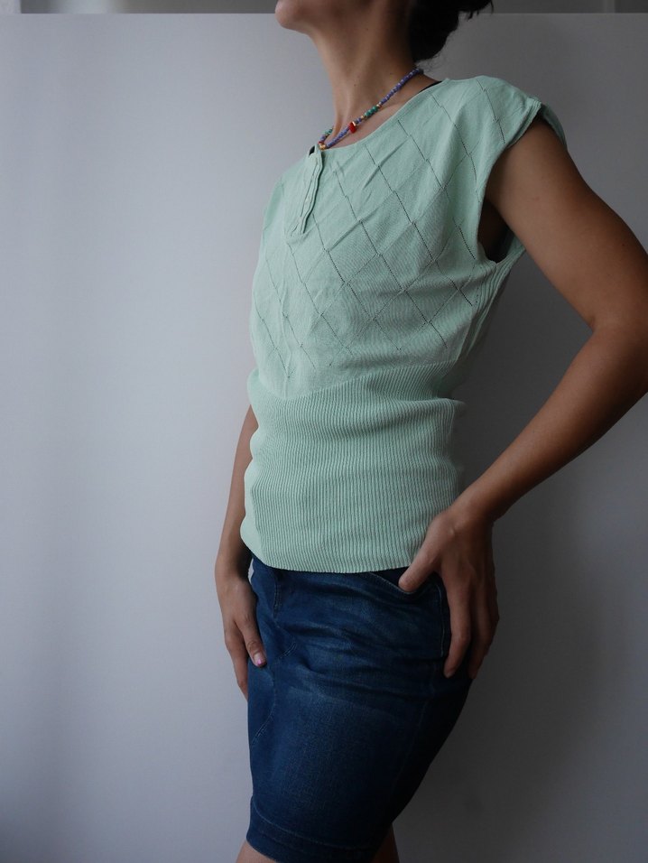 Sabri Özel, Vintage Turkuaz Kadın  Kısa Kollu Bluz - Görsel 3