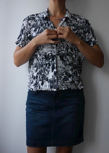 MAVİ, Siyah-beyaz Baskılı Kısa Kollu Viskoz Kadın Gömlek - Görsel 5