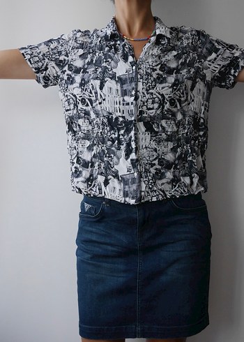 MAVİ, Siyah-beyaz Baskılı Kısa Kollu Viskoz Kadın Gömlek - Görsel 6