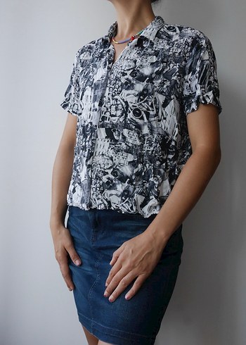 MAVİ, Siyah-beyaz Baskılı Kısa Kollu Viskoz Kadın Gömlek - Görsel 4