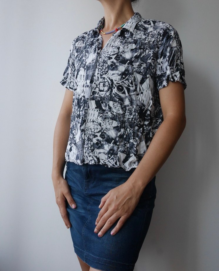 MAVİ, Siyah-beyaz Baskılı Kısa Kollu Viskoz Kadın Gömlek - Görsel 4