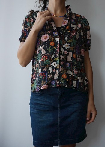 MAVİ, Çiçek Desenli Kısa Kollu Kadın Gömlek - Görsel 3