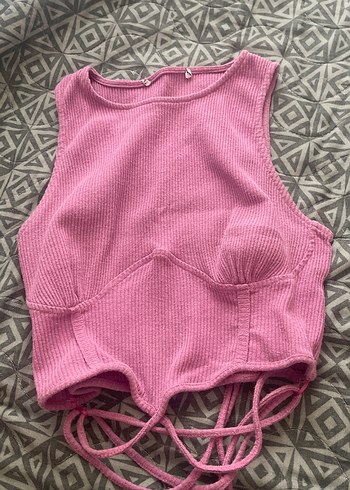 Bershka Pembe Yüksek Yakalı Kısa Crop Top