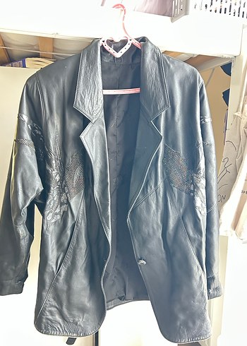 vintage Siyah işlemeki Deri Ceket - Görsel 8