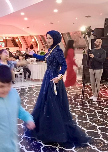 Abiye Uzun Kollu Drapeli Lacivert Abiye Elbise