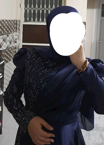 Abiye Mavi İşlemeli Uzun Kollu Abiye Elbise
