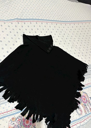Siyah Bohem Kadın Panço, Yüksek Yaka, Püsküllü - Görsel 2