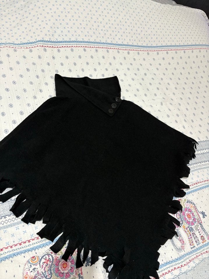 Siyah Bohem Kadın Panço, Yüksek Yaka, Püsküllü - Görsel 2