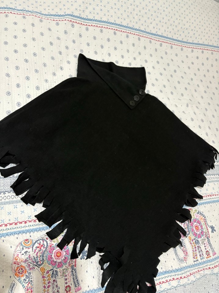 Siyah Bohem Kadın Panço, Yüksek Yaka, Püsküllü - Görsel 3