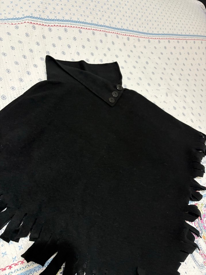 Siyah Bohem Kadın Panço, Yüksek Yaka, Püsküllü - Görsel 4