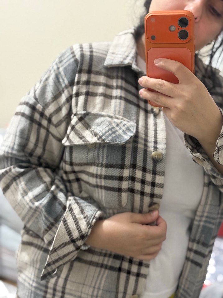 Gri Ekose Oduncu oversize Kadın Gömlek - Görsel 3