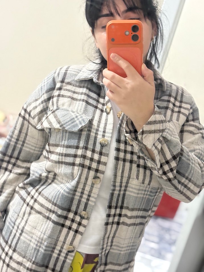 Gri Ekose Oduncu oversize Kadın Gömlek - Görsel 2