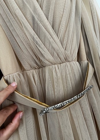 Bej Drapeli Uzun Kadın Elbise - Görsel 4