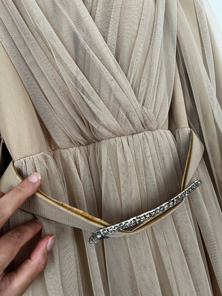 Bej Drapeli Uzun Kadın Elbise - Görsel 4