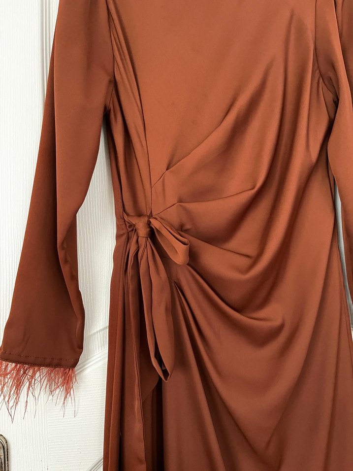 Kahverengi Drapeli Uzun Kollu Kadın Elbise - Görsel 4