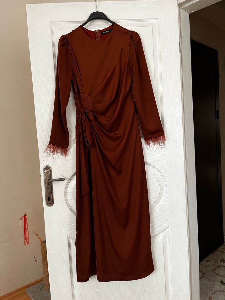 Kahverengi Drapeli Uzun Kollu Kadın Elbise - Görsel 2