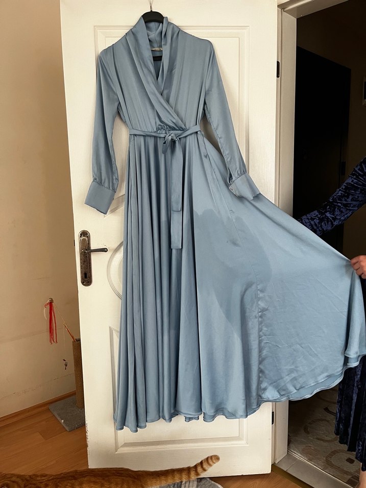 Uzun Kollu Drapeli Mavi Kadın Elbise - Görsel 2