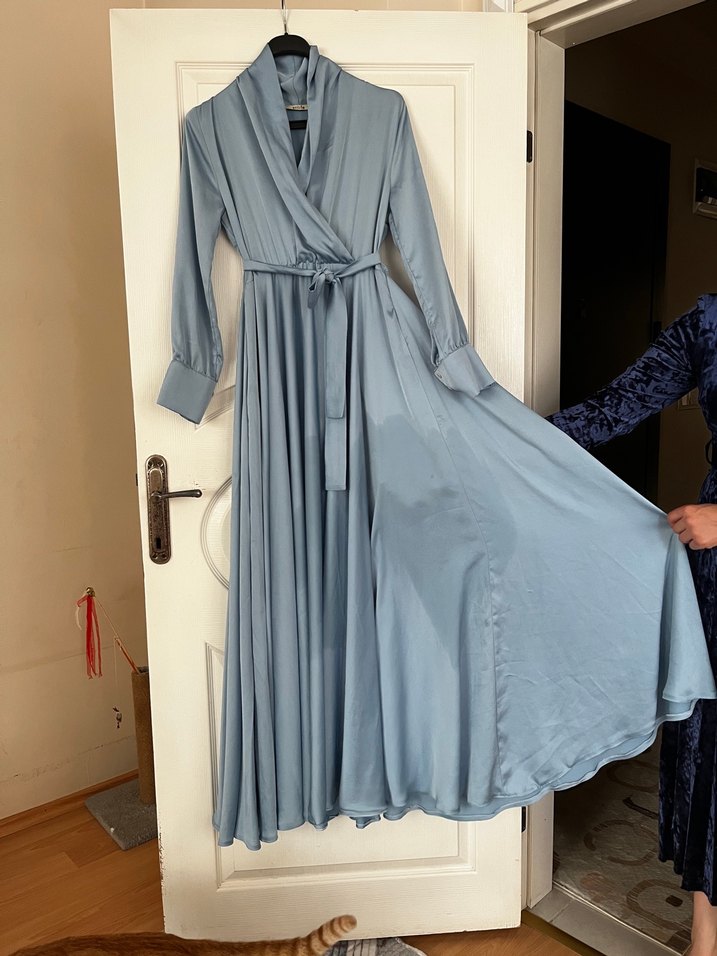 Uzun Kollu Drapeli Mavi Kadın Elbise - Görsel 3