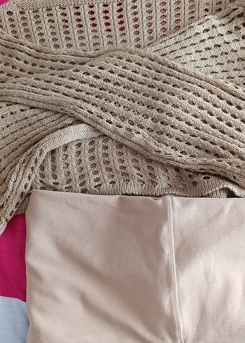 Straplez Bej Örgü crop ve fitilli tayt takım