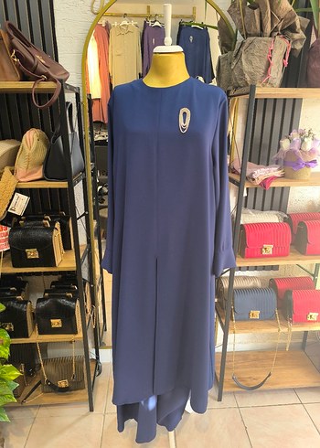 Uzun Lacivert Kadın takım pantolonun beli lastikli