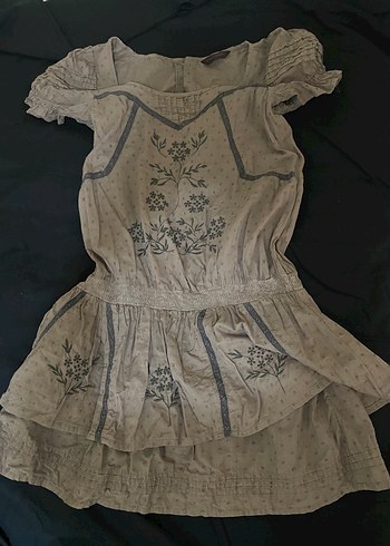 2000lerden Vintage Nakışlı Keten Elbise