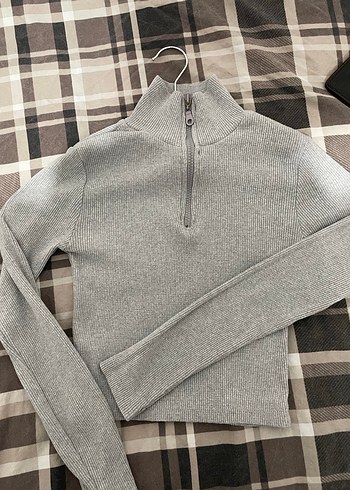 Gri Yarım Fermuarlı İnce Triko Kazak - Görsel 3