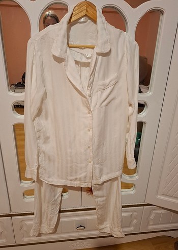 Düğmeli Beyaz pamuklu Kadın pijama takımı - Görsel 2