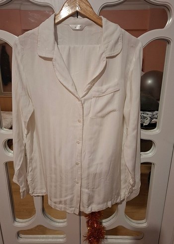 Düğmeli Beyaz pamuklu Kadın pijama takımı - Görsel 3