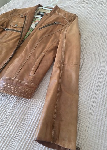 Bej Kadın Deri Biker Ceket - Görsel 7