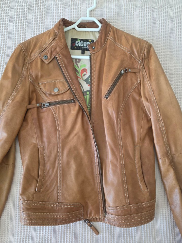 Bej Kadın Deri Biker Ceket - Görsel 5