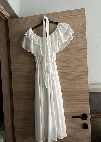 Beyaz Fırfır Yaka Şifon Elbise - Görsel 4