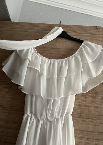Beyaz Fırfır Yaka Şifon Elbise - Görsel 5