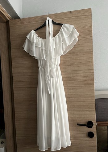 Beyaz Fırfır Yaka Şifon Elbise - Görsel 7