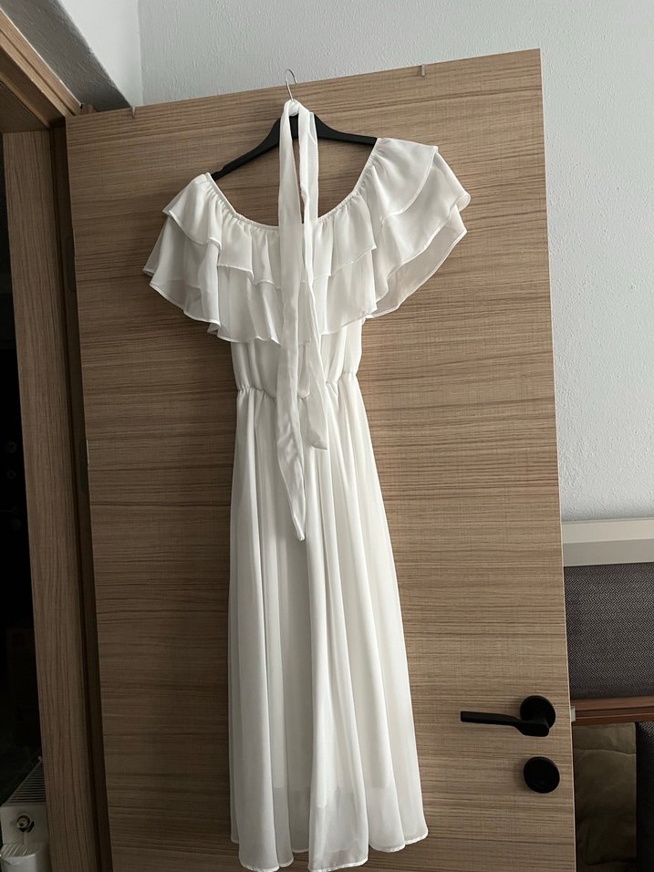 Beyaz Fırfır Yaka Şifon Elbise - Görsel 4