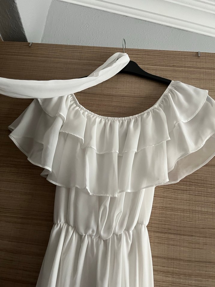 Beyaz Fırfır Yaka Şifon Elbise - Görsel 5