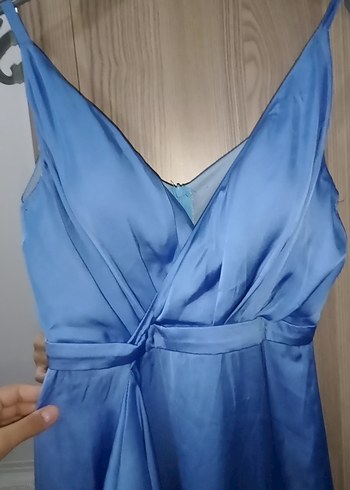 xs Beden Mavi Drapeli V Yakalı Uzun Abiye Elbise