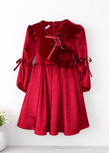 Bordo Uzun Kollu Kız Çocuk Elbise - Görsel 3