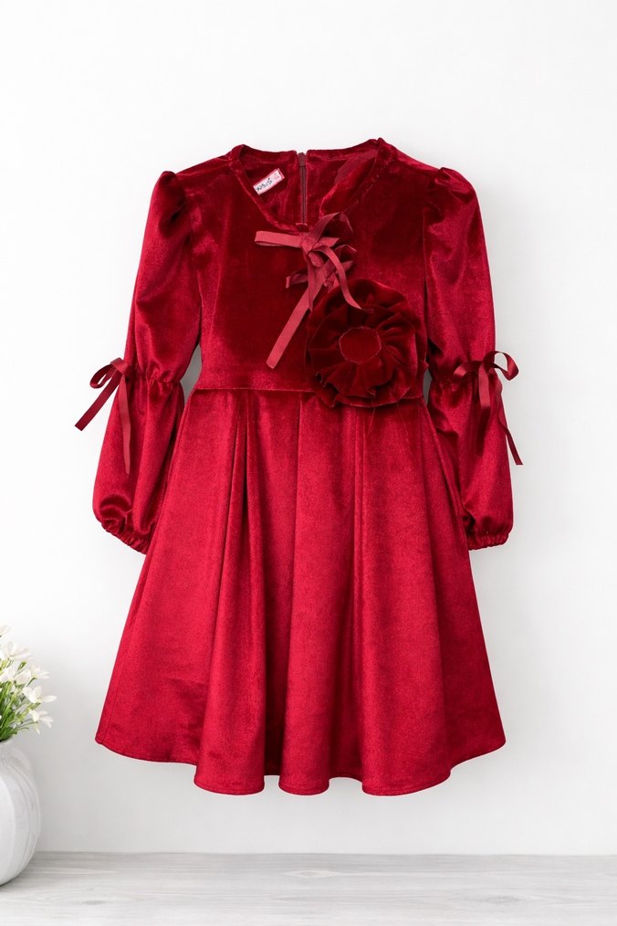 Bordo Uzun Kollu Kız Çocuk Elbise - Görsel 3