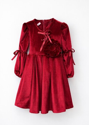 Bordo Kadife Kız Çocuk Elbise - Görsel 3