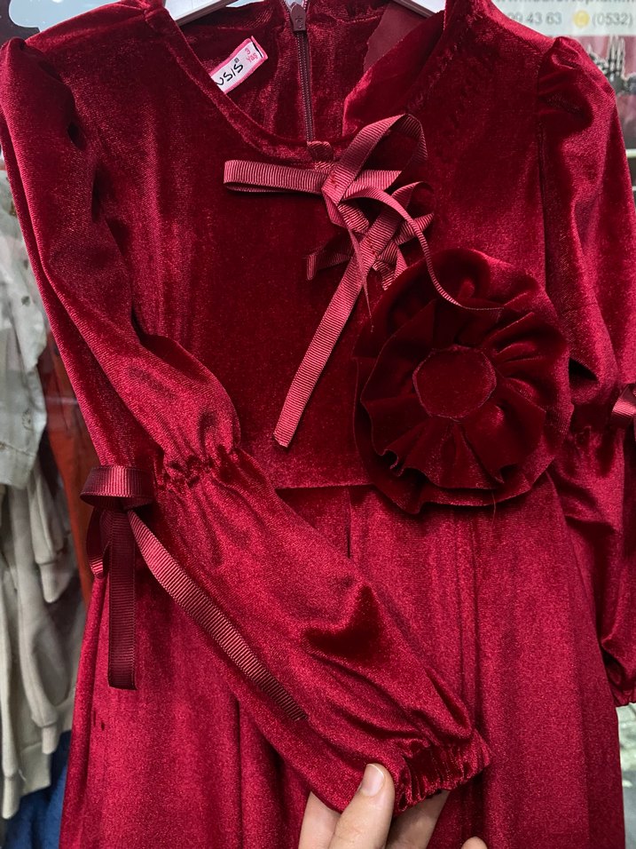 Bordo Kadife Kız Çocuk Elbise - Görsel 4