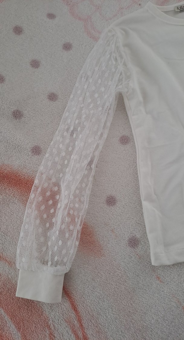 Kız Çocuk Beyaz Uzun Kollu Dantel Detaylı Tişört - Görsel 2