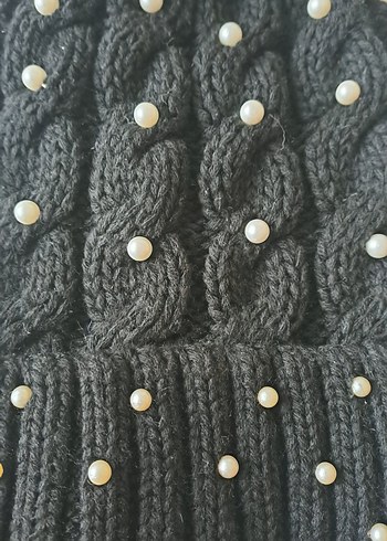 İnci Detaylı Siyah Örgü Bere - Görsel 2