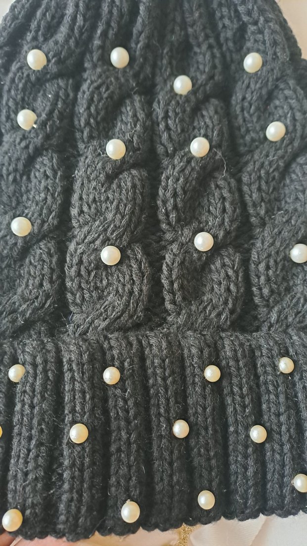 İnci Detaylı Siyah Örgü Bere - Görsel 2