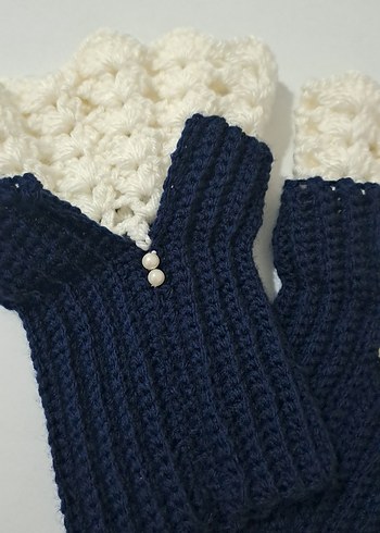 Örgü lacivert-krem Parmaksız Kadın Eldiveni - Görsel 2