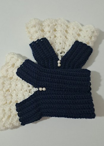 Örgü lacivert-krem Parmaksız Kadın Eldiveni - Görsel 4
